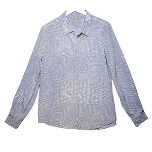 PURE Collection 100% Silk Button Front Top Geometric Print Blouse Blue Sz M 8 10